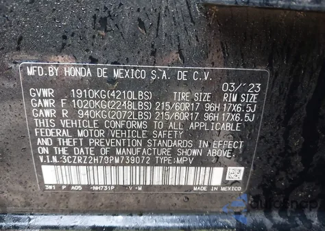2023 Honda Hr-V Awd Ex-L from USA, damaged, VIN 3CZRZ2H79PM739072